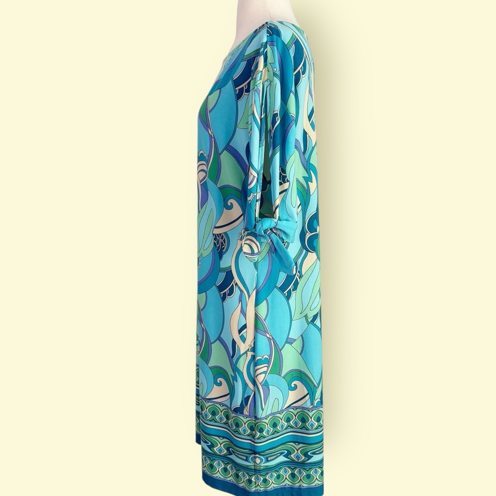 London Times Tie Sleeve Shift Dress Size 12 Coastal Turquoise Print - Picture 8 of 11